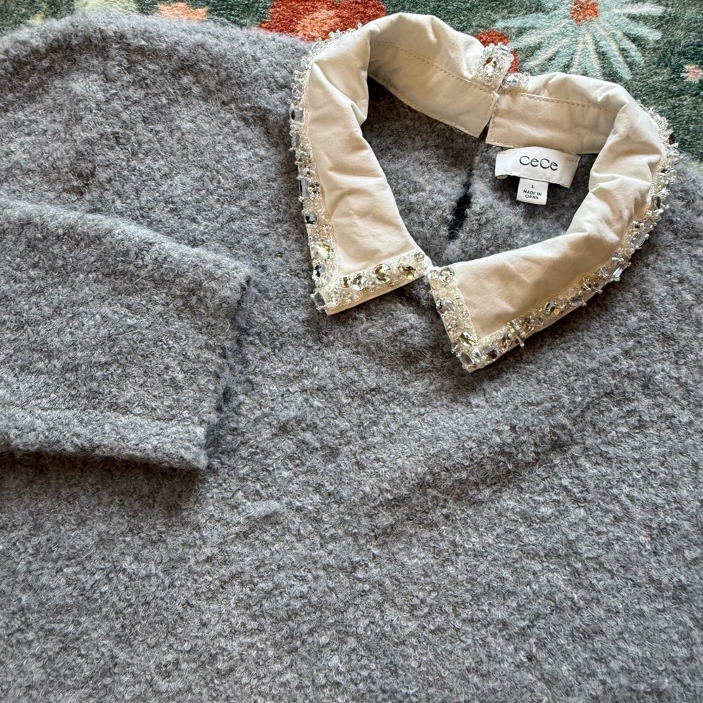 CeCe Swift‎ Grey Embellished Collar Fuzzy Knit Sweater Womens Large NWT MSRP $99